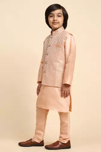 Peach Printed Silk Printed Kurta Pajama with Waistcoat Set for Boys Ethnic Wear