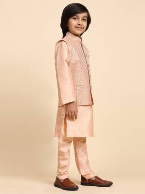 Peach Printed Silk Printed Kurta Pajama with Waistcoat Set for Boys Ethnic Wear 6