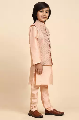Peach Printed Silk Printed Kurta Pajama with Waistcoat Set for Boys Ethnic Wear