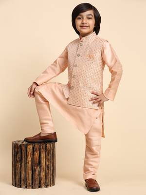 Peach Printed Silk Printed Kurta Pajama with Waistcoat Set for Boys Ethnic Wear 7