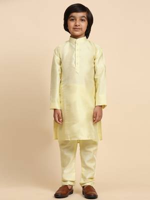 Yellow Printed Silk Printed Kurta Pajama with Waistcoat Set for Boys Ethnic Wear 2