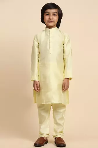 Yellow Printed Silk Printed Kurta Pajama with Waistcoat Set for Boys Ethnic Wear