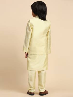 Yellow Printed Silk Printed Kurta Pajama with Waistcoat Set for Boys Ethnic Wear 3