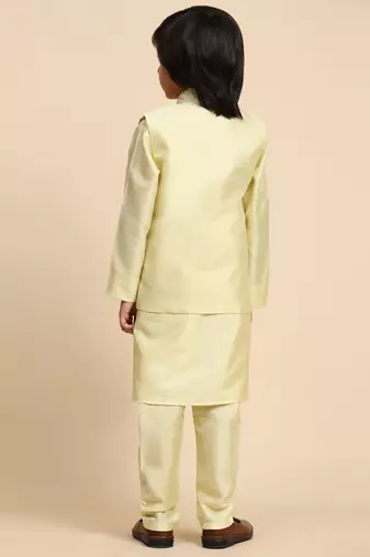 Yellow Printed Silk Printed Kurta Pajama with Waistcoat Set for Boys Ethnic Wear