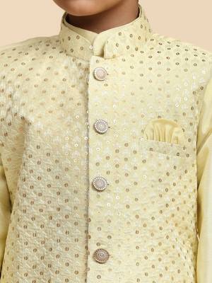 Yellow Printed Silk Printed Kurta Pajama with Waistcoat Set for Boys Ethnic Wear 4