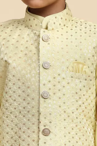 Yellow Printed Silk Printed Kurta Pajama with Waistcoat Set for Boys Ethnic Wear