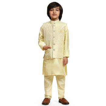 Yellow Printed Silk Printed Kurta Pajama with Waistcoat Set for Boys Ethnic Wear 5