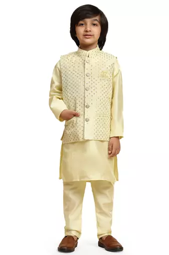 Yellow Printed Silk Printed Kurta Pajama with Waistcoat Set for Boys Ethnic Wear