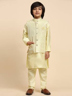 Yellow Printed Silk Printed Kurta Pajama with Waistcoat Set for Boys Ethnic Wear 6