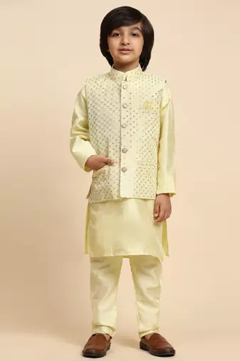 Yellow Printed Silk Printed Kurta Pajama with Waistcoat Set for Boys Ethnic Wear