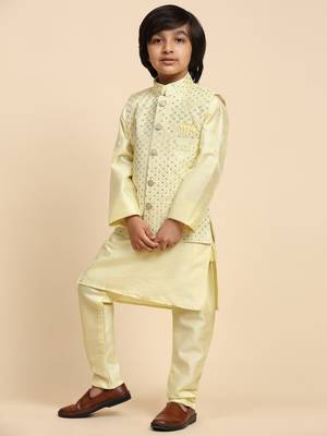 Yellow Printed Silk Printed Kurta Pajama with Waistcoat Set for Boys Ethnic Wear 7