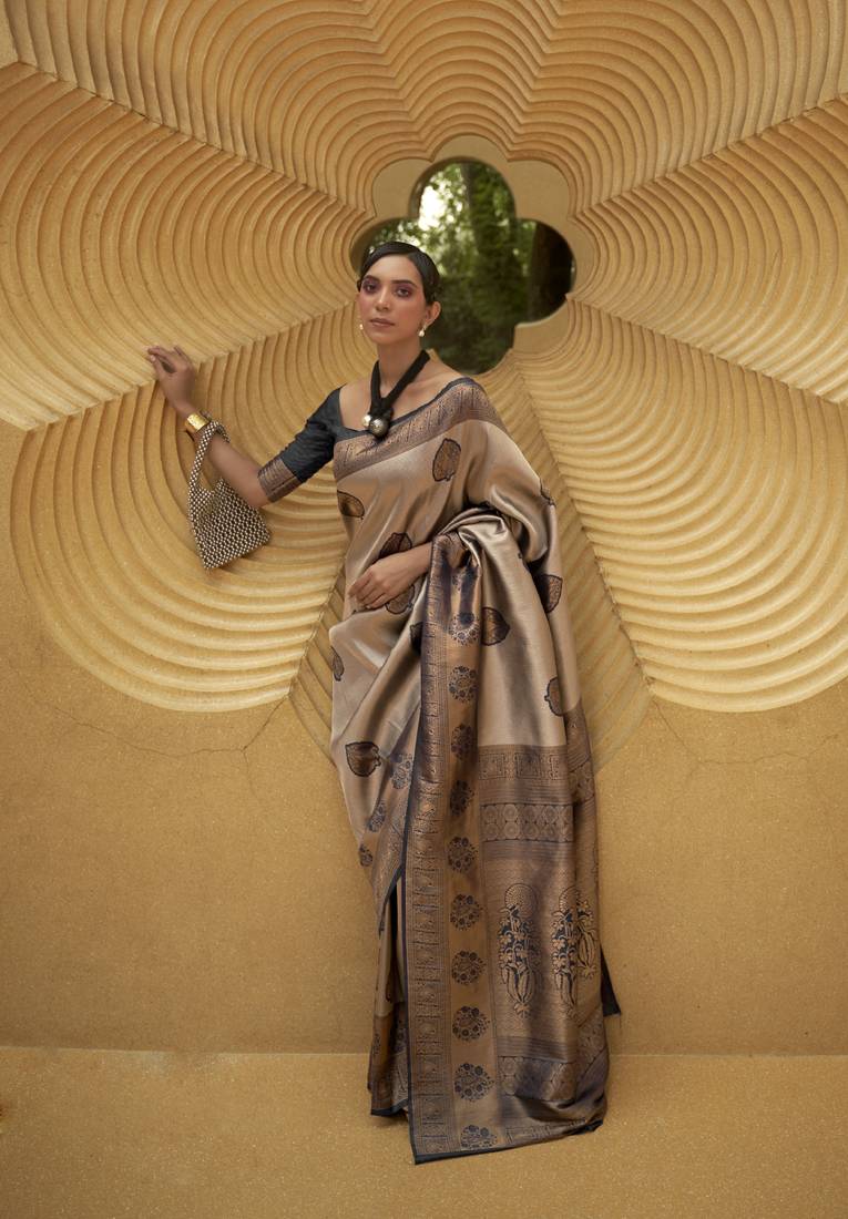 Kimisha women's black silk woven saree with unstitched blouse piece