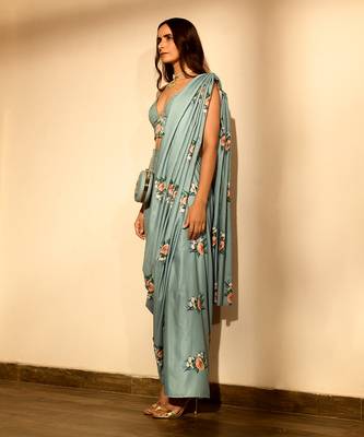Light Blue Pre Stitched Cotton Pant Saree Set 2