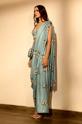 Light Blue Pre Stitched Cotton Pant Saree Set