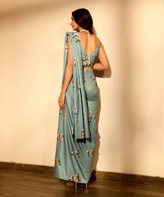 Light Blue Pre Stitched Cotton Pant Saree Set 5