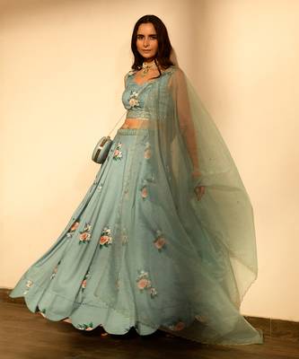 Dusty Teal Sequins Kali Lehenga Set 1