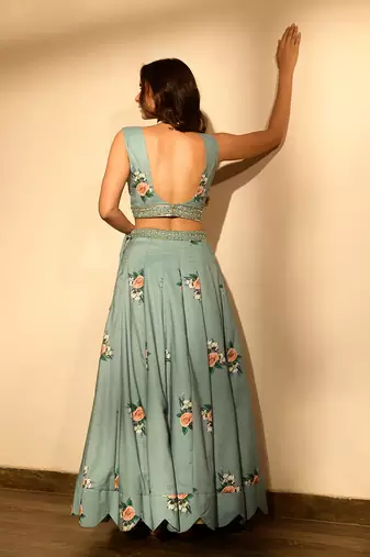 Dusty Teal Sequins Kali Lehenga Set