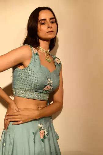 Dusty Teal Sequins Kali Lehenga Set