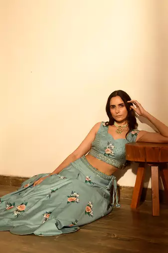 Dusty Teal Sequins Kali Lehenga Set