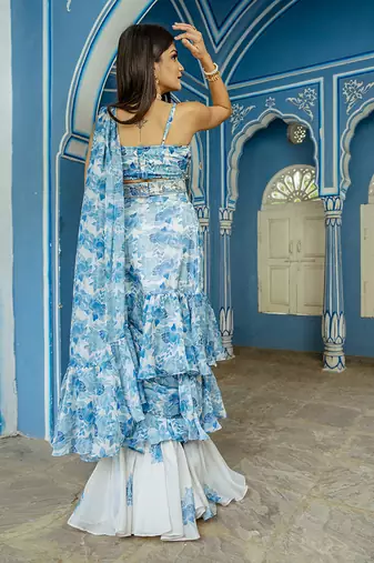 Seashell cream ruffle saree with blouse