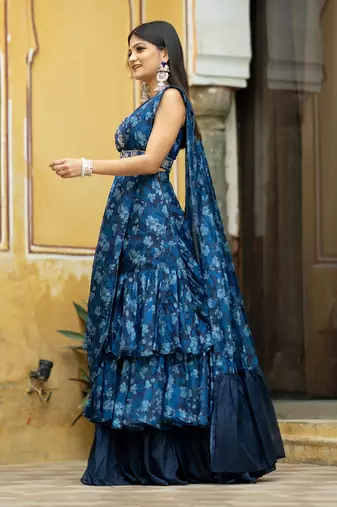 Midnight blue ruffle saree with blouse