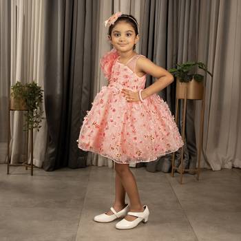 one shoulder ruffled Frock with 3D Flowers for Girls- Peach 4