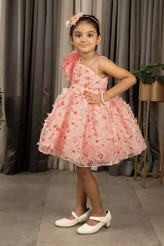 one shoulder ruffled Frock with 3D Flowers for Girls- Peach