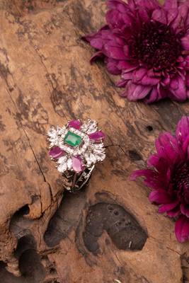 American Diamond Multicolor Adjustable Silver Ring 3