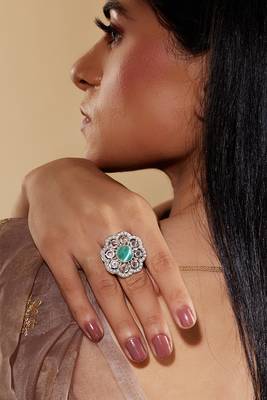 Sea Green Silver Floral Adjustable Ring 1