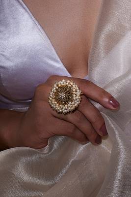 Statement Gold Pearl-Studded Oxidised Adjustable Ring 1