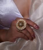 Statement Gold Pearl-Studded Oxidised Adjustable Ring