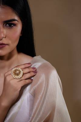 Statement Gold Pearl-Studded Oxidised Adjustable Ring 2
