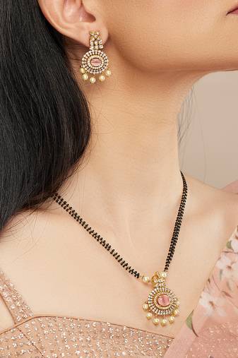 American Diamond Mangalsutra Jewellery Set For Women With Earrings - Pink