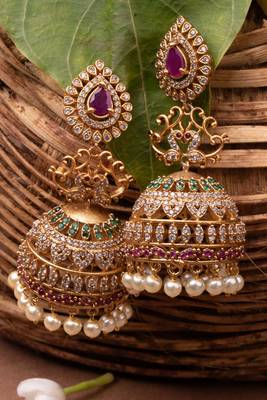 American Diamond Gold-Plated Multicolor Statement Traditional Jhumka 3