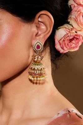 American Diamond Gold-Plated Multicolor Statement Traditional Jhumka 1