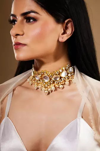 Gold-Plated Uncut Kundan-Studded Polki Choker Jewellery Set