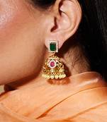 Gold-Plated American Diamond Jhumka with Green square stud
