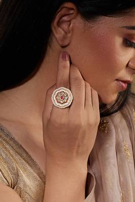 Gold-Plated Dual Toned Meenakari Adjustable Ring With Pink Stone 1