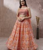 Peach Ikat Printed Organza Semi stitched Designer Lehenga Choli