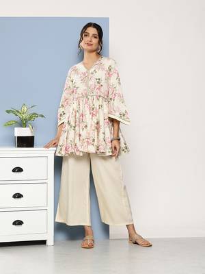 Musthave Cream Colour Trendy Looks Fancy PartyWear Ethnic Kurti Dress 1