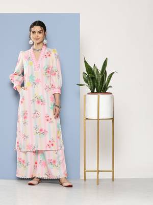Designer Pink Colour Floral Printed Girlish Festive Wear Kurti Bottom Set 1