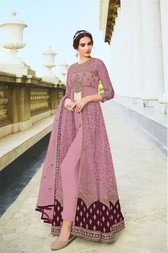 Pink Embroidered and Diamond Work Netted Anarkali Suit