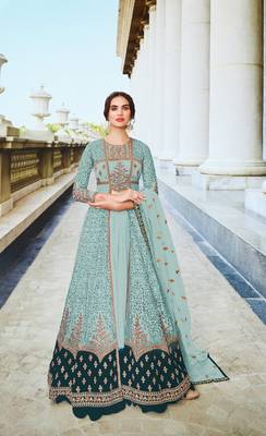 Sky Embroidered and Diamond Work Netted Anarkali Suit 1
