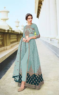 Sky Embroidered and Diamond Work Netted Anarkali Suit 2
