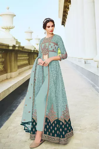 Sky Embroidered and Diamond Work Netted Anarkali Suit