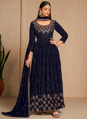 Nevy Blue Colour Ethnic Glamorous Partywear Gown With Dupatta 1