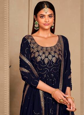 Nevy Blue Colour Ethnic Glamorous Partywear Gown With Dupatta 2