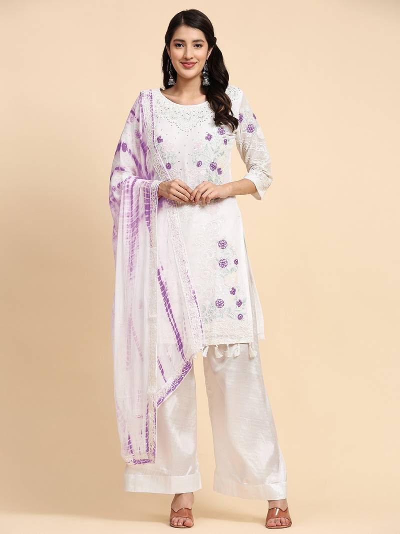 Designer Floral Purple Colour Embroidery Work White Dress For Glamorous Trendy Looks
