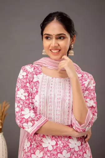 Floral Printed Pink Colour Resham Work Readymade Salwar Kameez