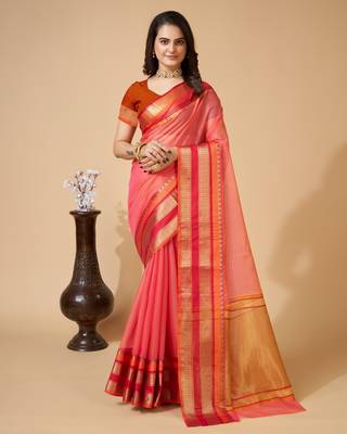 Peach Ethnic Zari Woven Traditional Looking Girlish Saree 1